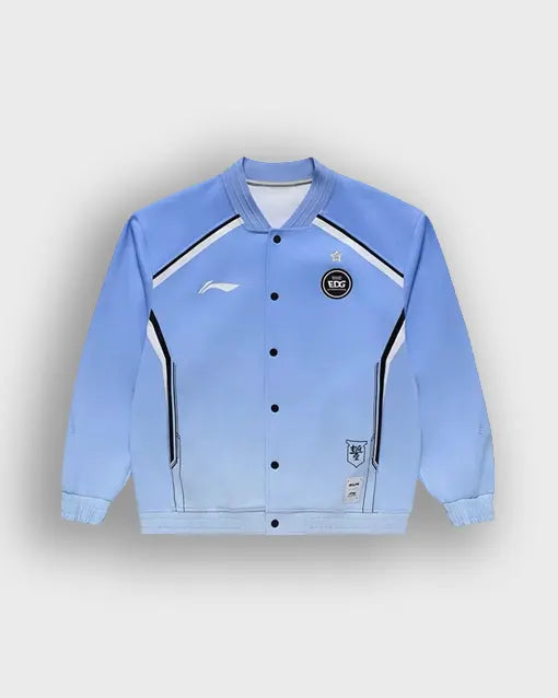 Front view of the Li-Ning x LOL LPL 2024 Spring EDG Varsity Jacket, showcasing premium cotton material and EDG logo.