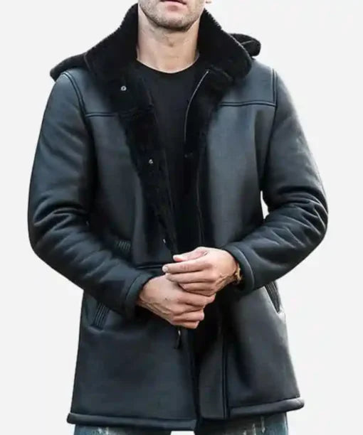 Mens Black Shearling Leather Trench Coat