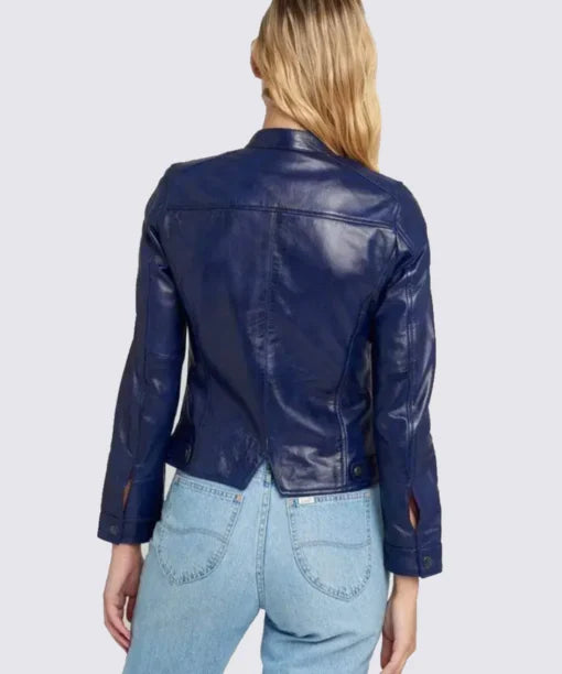 Blue Stand Collar Leather Jacket