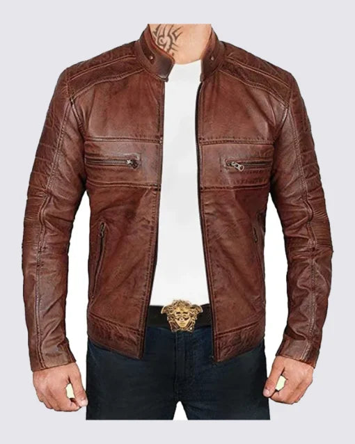 Distressed Brown Biker Leather Jacket