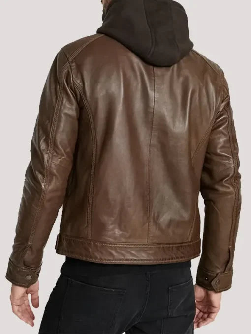 Hooded Dark Brown Leather Jacket for Men