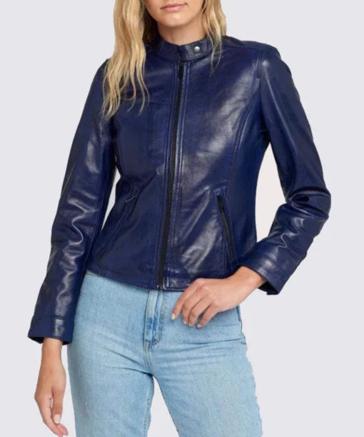 Womens Blue Cafe Racer Stand Collar Leather Jacket