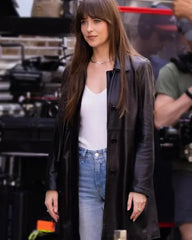 Dakota Johnson Black Leather Coat Materialists