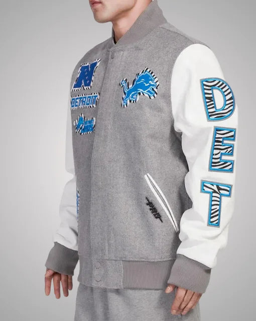 Gray Varsity Jacket Detroit Lions Animal Patches