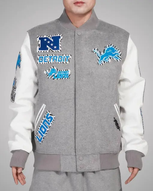 Detroit Lions Animal Patches Gray Varsity Jacket