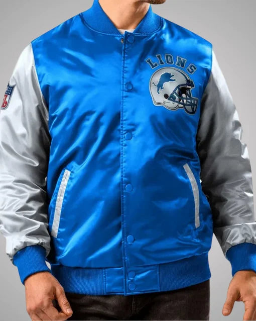 Detroit Lions Blue and Gray Varsity Satin Jacket