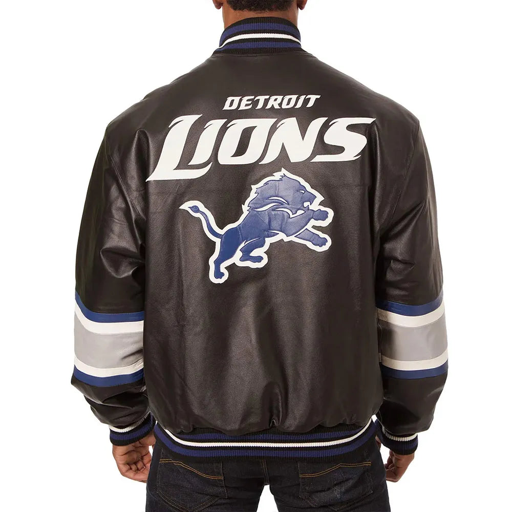 Detroit Lions Striped Varsity Black Leather Jacket