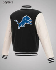 Detroit Lions Black and White Leather Varsity Jacket