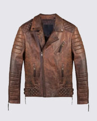 Mens Distressed Brown Quilted Leather Jacket