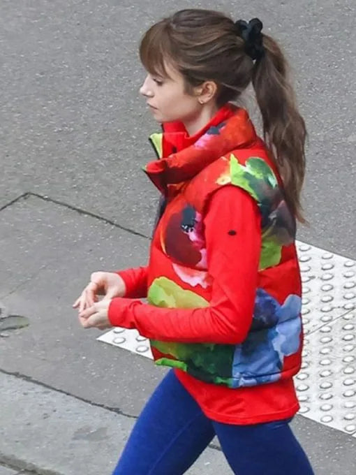 Lily Collins Red Puffer Vest