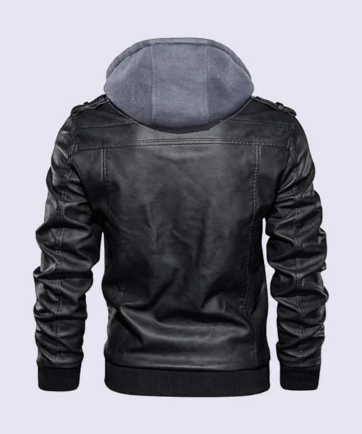 Black Hooded Bomber Leather Jacket