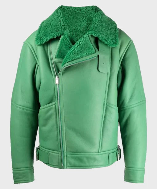 Holly Aviator Shearling Fur Green Biker Jacket