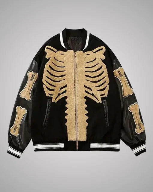 Harajuku Skeleton Bones Black Varsity Jacket