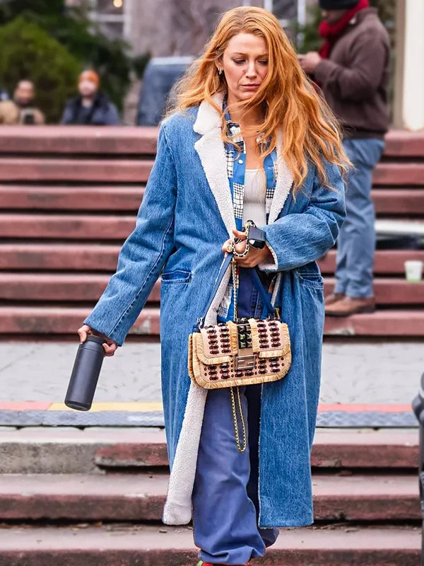 Blake Lively It Ends With Us Denim Shearling Coat