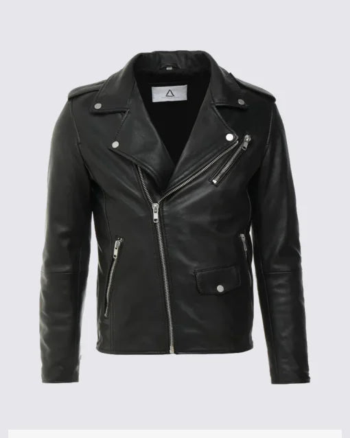 Mens Black Notch Collar Biker Leather Jacket