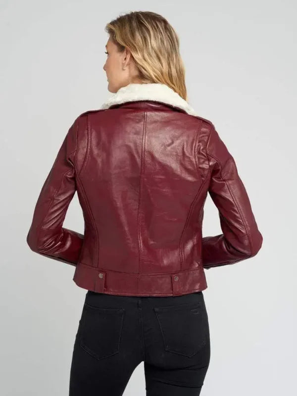 Maroon Shearling Biker Jacket for Women