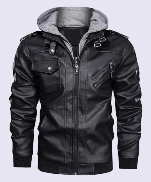 Mens Black Hooded Bomber Leather Jacket