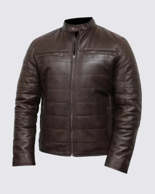 Mens Brown Cafe Racer Puffer Leather Jacket