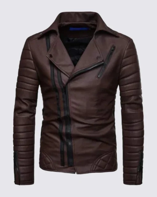 Mens Brown Notch Collar Quilted Leather Jacket