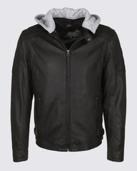 Mens Leo Hooded Cafe Racer Black Leather Jacket