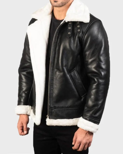 White Shearling Black Leather Jacket