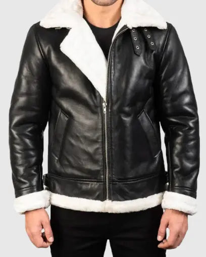 Mens White Shearling Black Leather Jacket