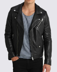 Mens Black Notch Collar Leather Jacket