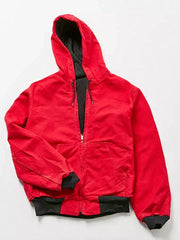 Vintage Red Carhartt Hooded Bomber Jacket featuring a zipper closure, hooded collar, and sturdy pockets.