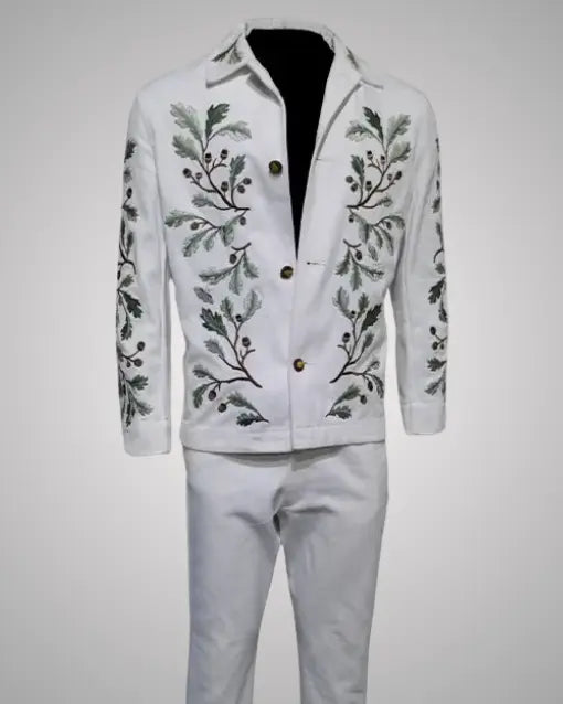 Saltburn Barry Keoghan Green Leaf Embroidery White Jacket