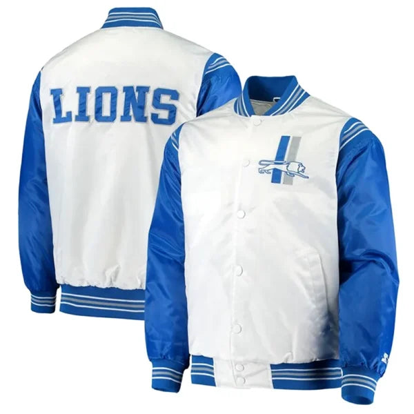 Detroit Lions Historic Logo Renegade White and Blue Satin Jacket