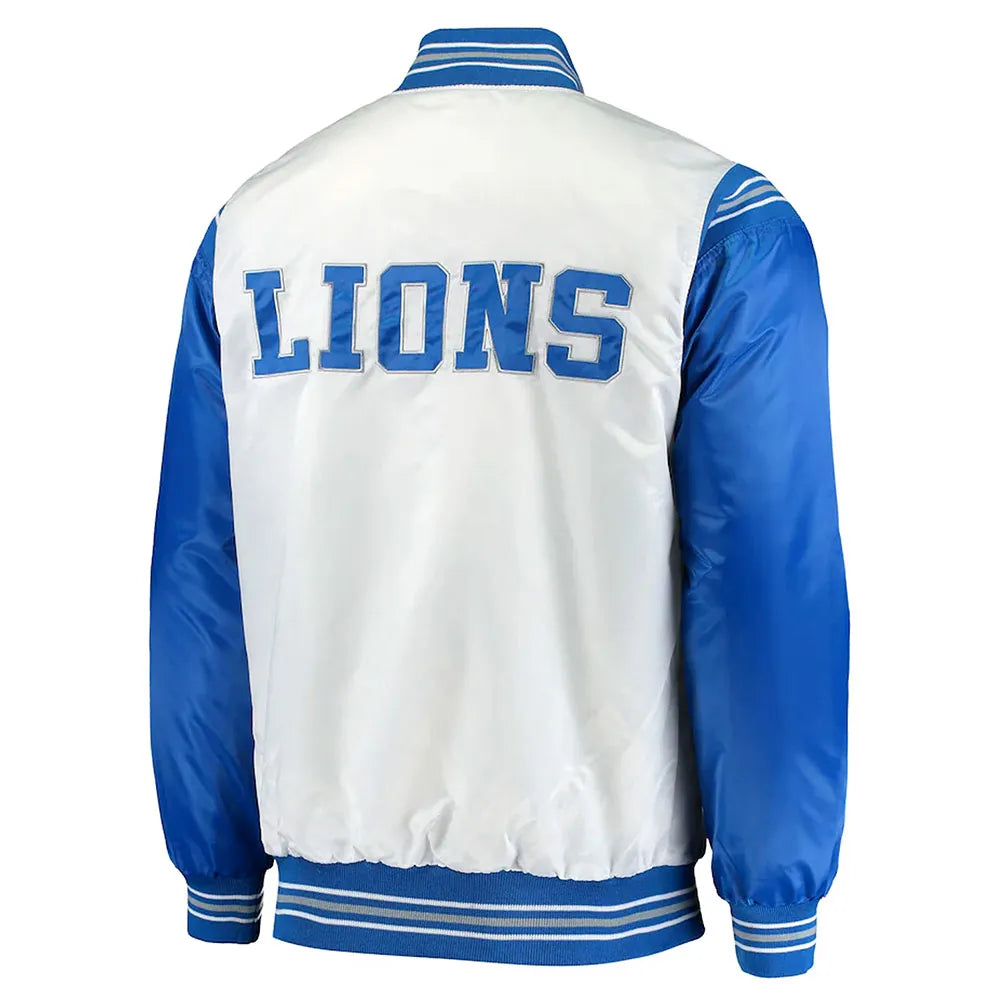 White Blue Detroit Lions Historic Logo Renegade Satin Jacket