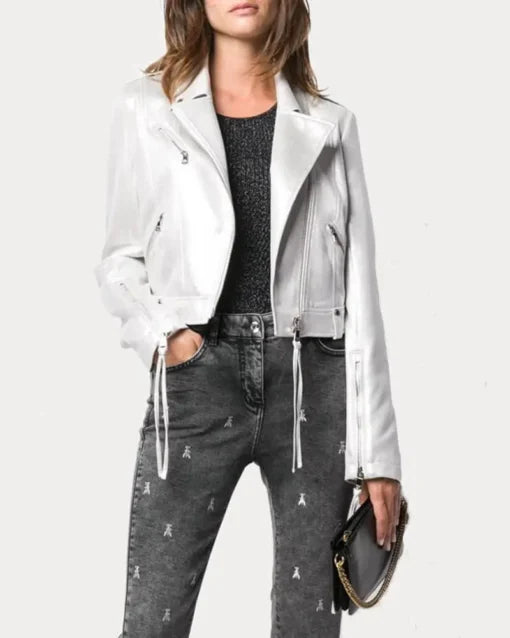 Womens White Metallic Biker Leather Jacket