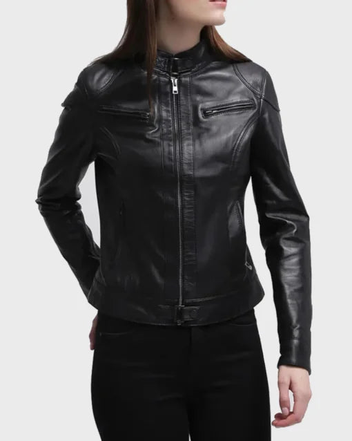 Womens Black Cafe Racer Leather Jacket