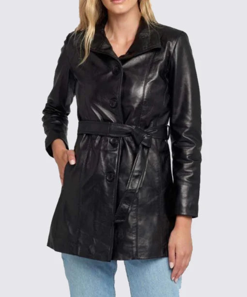 Womens Black Long Belted Leather Jacket