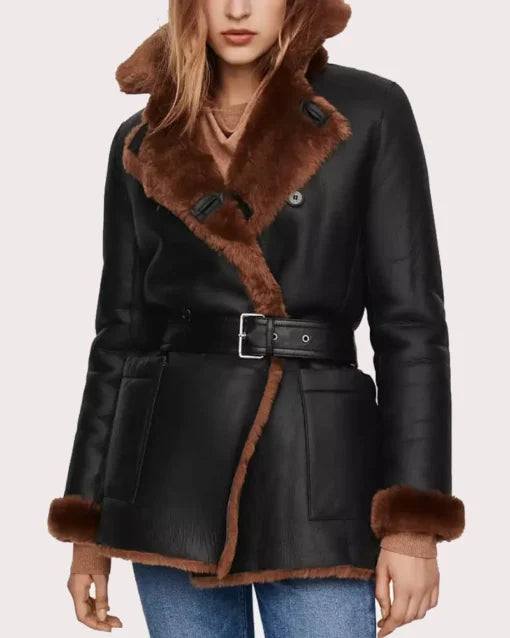 Womens Black Belted Shearling Leather Coat