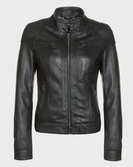 Black Cafe Racer Leather Jacket for Women