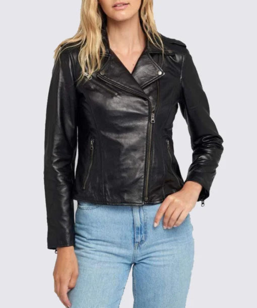 Womens Black Notch Collar Biker Leather Jacket