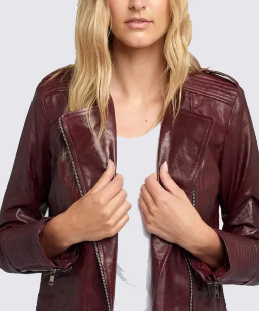 Womens Dark Maroon Cafe Racer Jacket