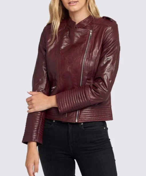 Womens Dark Maroon Cafe Racer Leather Jacket