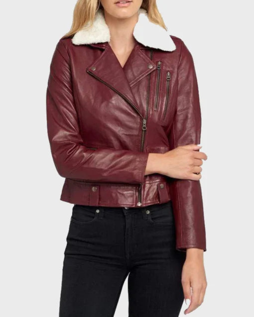 Womens Shearling Maroon Biker Leather Jacket