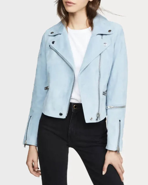 Womens Pale Blue Suede Biker Leather Jacket