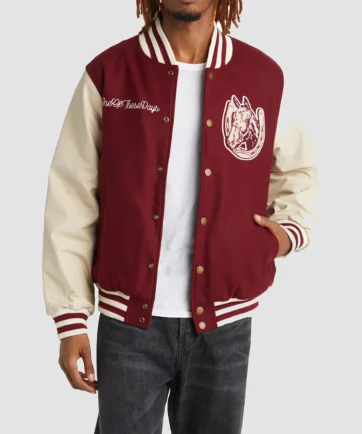 Mens Maroon Wool & Leather Varsity Jacket