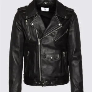 Mens Black Belted Moto Leather Jacket