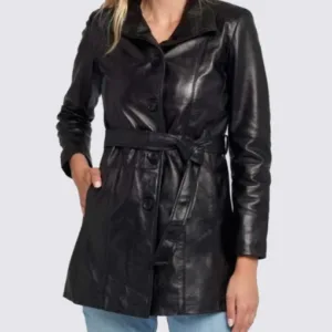 Womens Black Long Belted Leather Jacket