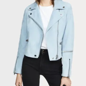 Womens Pale Blue Suede Biker Leather Jacket